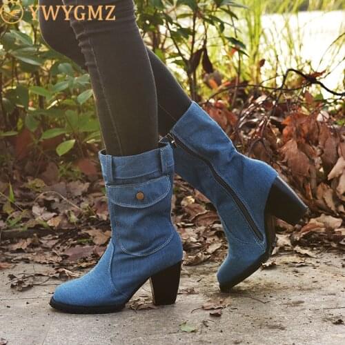 Denim Boots Women Mid-rise Rome Solid Color Large Size Shoes Woman Slip-On Chunky Mid-calf Motorcycle Boots Chaussures Femme