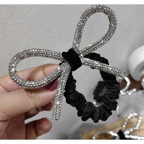 Ladies Rhinestone Bowknot Hair Ties Rope Luxury Glitter Jeweled Elastic Rubber Band Ponytail Holder Velvet Scrunchies
