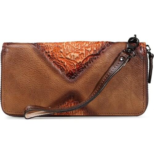 Vintage Genuine Leather Women Long Purse ID/Credit Card Handy Zipper Bag Embossed Oracle Pattern Wallet Female Wrist Clutch Bags