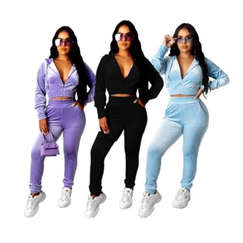 Women Casual 2pcs Outfit Set Long Sleeve Zipper Hooded Top Pullover +Elastic Waist Pants Set Lounge Wear Ladies Tracksuit Solid