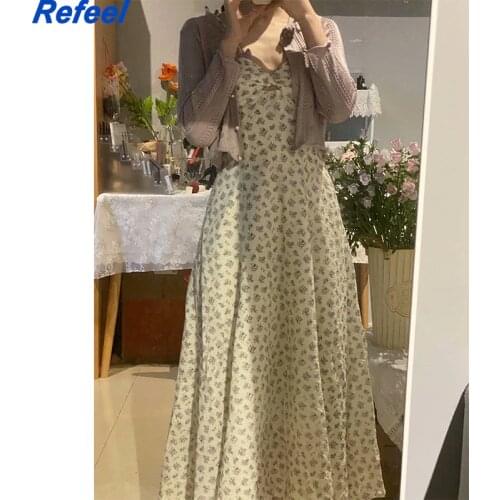 Summer Women Vintage Chiffon Sweet Flower Print Slim Dress Girl Cute V Neck Casual Lace Stitching Sling Midi Dress