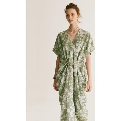 Mane design French cotton linen jacquard drape loose lace up dress women 0812-2