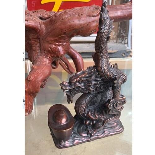 10"China Tibet Buddhism Folk Pure brass On Yuanbao luck dragon animal statues