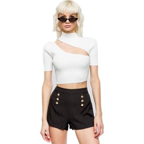 White t shirt women crop top Sexy cropped summer tops Hollow out croptop