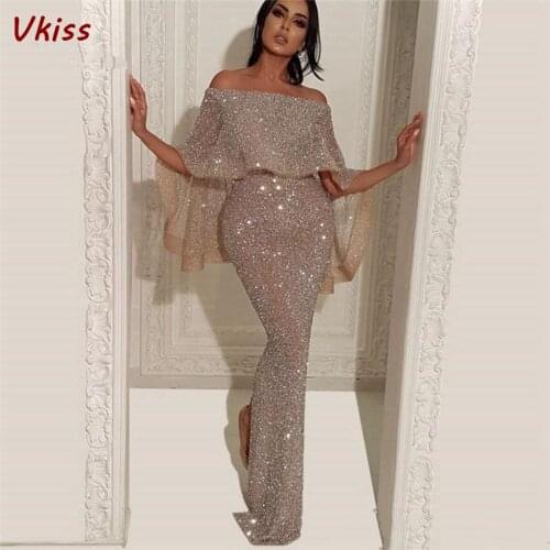Sparkle Elegant Mermaid Formal Evening Dress 2020 Champagne Boat Neck Sequins Prom Gowns Long Sexy Shiny Dresses Robe De Soire