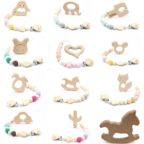 Dummy clip Beech Animal cartoon Pendant pacifier holder New baby Dummy clips Wooden teether Pacifier Clip Teething Toy