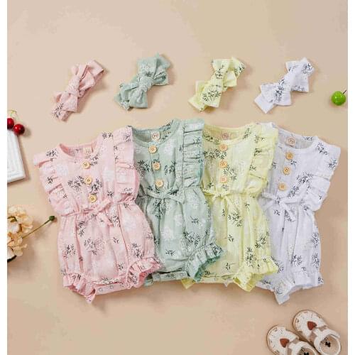 Baby Floral Print Clothes Set, Girls Sleeveless O-neck Jumpsuit with Ruffles + Bow-knot Headband