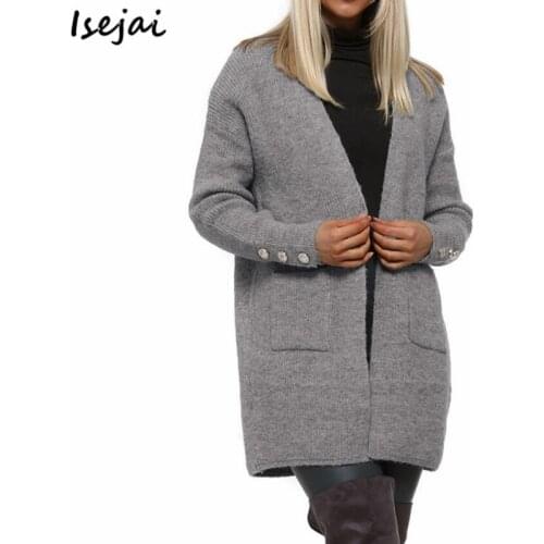 Long Women Sweaters Autumn Winter Cardigan Casual Pockets Sweater Knitting Cardigan Khaki Grey