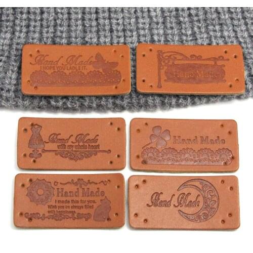 PU Leather Labels For Sewing Accessories Handmade Labels 20*40MM Brown Tags Hand Made For Clothes Hats DIY Handcrafts