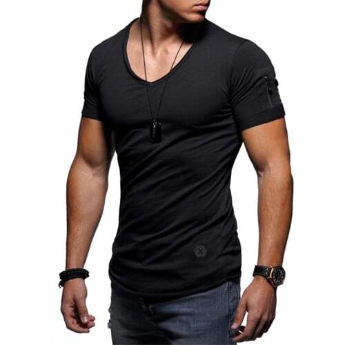 Trendy Men Summer Casual Tees Solid Color V Neck Loose T-shirt Short Sleeves Top With Left Sleeve Zipper Pocket