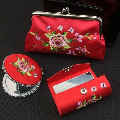 Chinese Handmade Embroidery Cosmetic Mirror&Lipstick Box Purse Gift Set