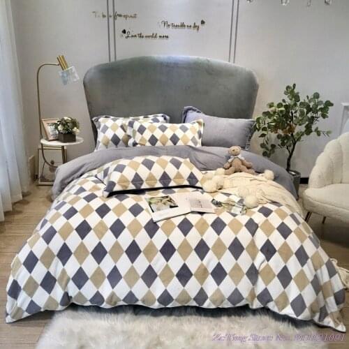 Bedding Set 4pcs 1.8m Bedsheet Autumn Winter Thickened Milk Velvet Double-Sided Coral Velvet Simple Diamond Lattice Quilt Cover