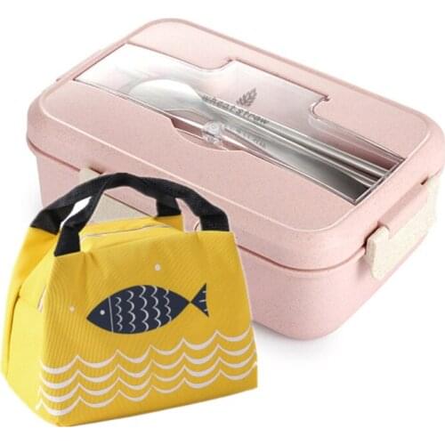 1000ml Microwave Lunch Box Cute Wheat Straw Dinnerware Food Storage Container Children School Office Portable Bento Box for Kids
