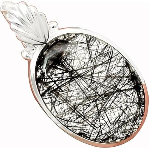 Lovegem Genuine Black Rutile Pendant 925 Sterling Silver, 38 mm, AP3321