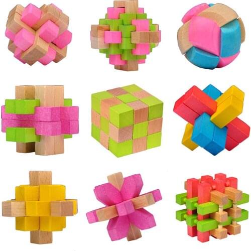 Multicolor IQ Brain Burn Teaser Kong Ming Lock Wooden Interlocking Burr 3D Puzzles Game Educational Toy For Adults Kids 6Y