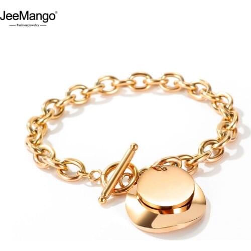 JeeMango Fashion Stainless Steel Love Circle Round Tag Charm Bracelets Bohemia Link & Chain Bracelet For Women Girls JB17095
