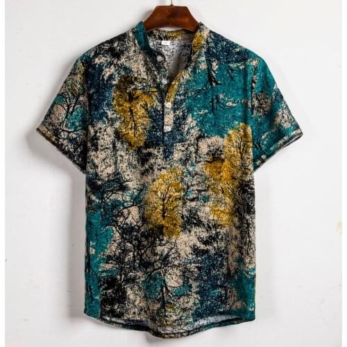 Mens Shirt Turn Down Collar Ethnic Short Sleeve Casual Cotton Linen Printing Hawaiian Shirt Blouse Summer Beach Boho Shirt #38