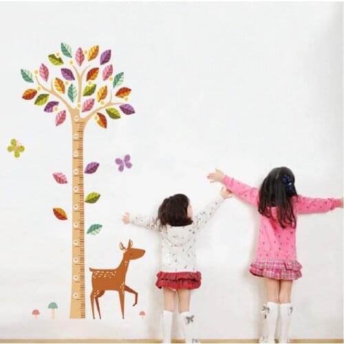 Cute Deer Colorful Tree Growth Chart Wall Stickers For Kids Room Home Decoration Cartoon Wild Animal Wall Mural Art Pvc Decals