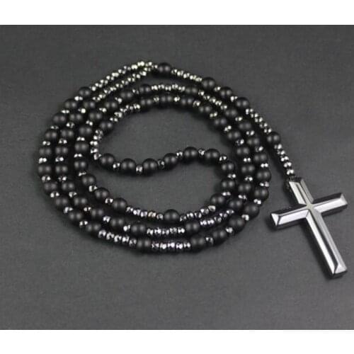 Natural Stone Catholic Christ Rosary Necklaces for Women and Men Hematite Cross Pendant Religion Jewelry
