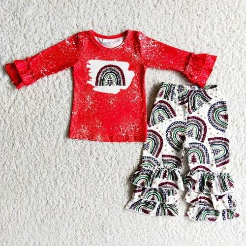 New Arrival Children Icing Ruffler Sleeve Red Top And Christmas Tree Pattern Pants Suit Toddler Girl Merry Christmas Outfit