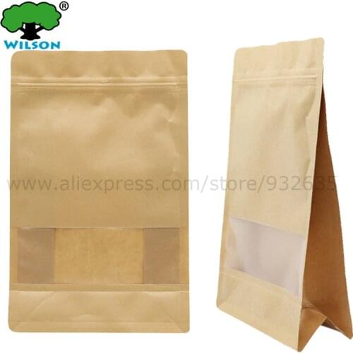 Kraft Paper Kraft Side Gusset Flat Bottom Stand-Up Zip Bags 50 -300 Pcs (With Clear Window) Food storage