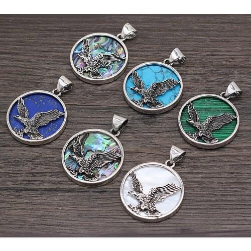 Natural Stone Pendants Round Lapis lazuli Malachite Shell Eagle Charms for Jewelry Making Girls' Necklace Earrings Gifts