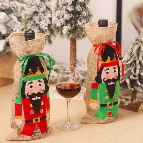 Christmas Wine Bottle Cover Drawstring Closure Nutcracker Soldier Xmas Home Decorations