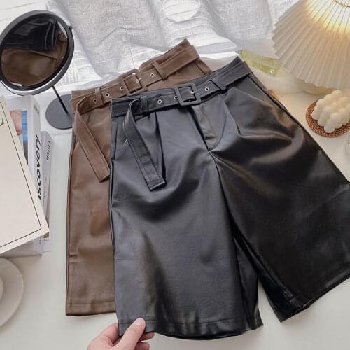 GUUZYUVIZ Autumn Winter Pu Leather Shorts Feminino Casual With Belt Slim Plus Size Straight Short Pants Brown Booty Shorts