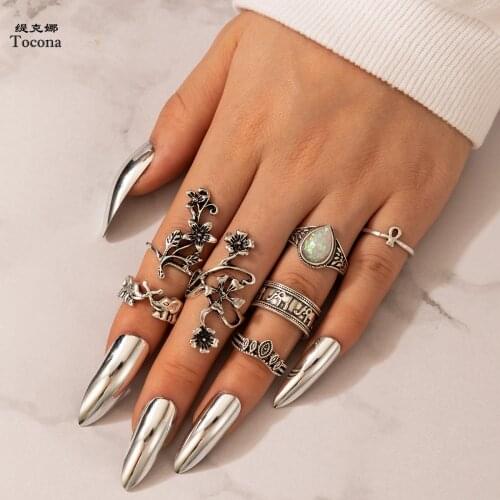 Tocona 7pcs/sets Vintage Sivler Color Flowers Joint Ring Sets for Women Clear Rhinestone Elephant Boheman Jewelry Anillo 17194