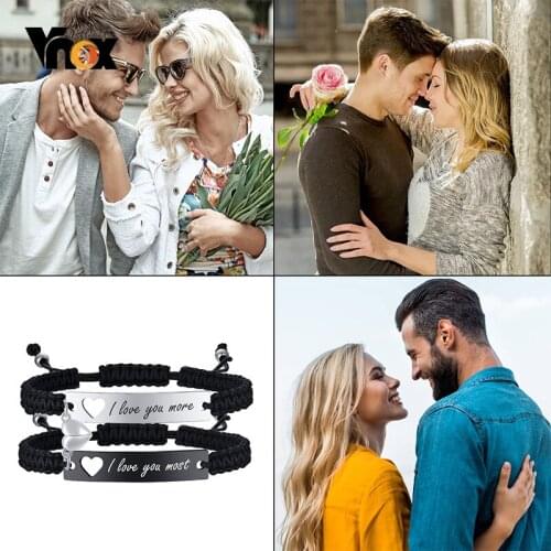 Vnox Personalized Engraved His and Her Couples Bracelets for Women Men,Handmade Braided Black Rope Chain Wrist,Length Adjustable