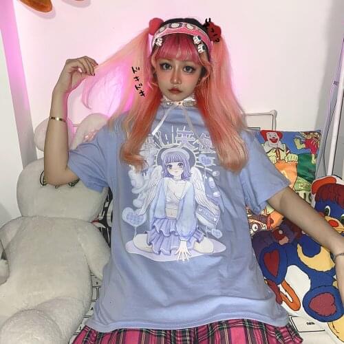 Japanese Harajuku cartoon print loose Tuku girl Millennium round neck short sleeve T-shirts tees