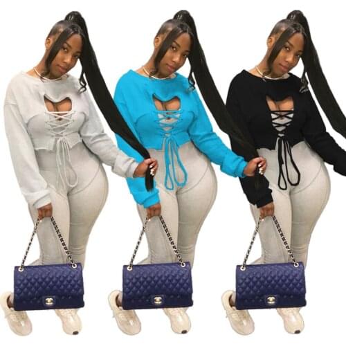 Echoine Autumn Winter Women Solid Lace-up T-shirts lovely Ladys O-neck Hollow Out Full Sleeve Short One Piece Sweatshirts tops