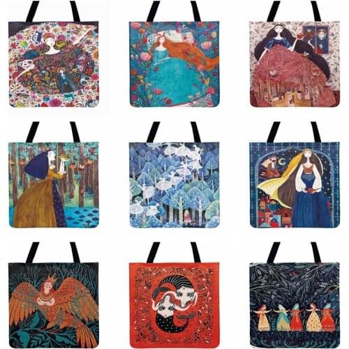 Forest Story Little Fairy Painting Printed Tote Bag For Women Casual Totes Fashion Shopping Bag Outdoor Beach Bag Shoulder Bags