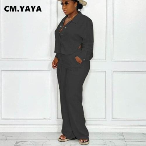 CM.YAYA Women Pants Set Solid Crop Shirt Tops Pockets Pants Two 2 Piece Sets Female Fashion Streetwear Casual Outfits Autumn