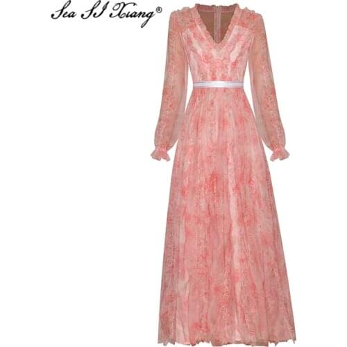 Seasixiang Fashion Designer Summer Mesh Dress Women V-Neck Lantern Sleeve Ruffles Floral Print Bohemian Long Dresses 2021 New