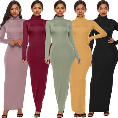 Plus Size Party Solid Color Women Long Sleeve Turtleneck Bodycon Maxi Dress