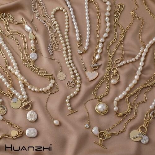 Vintage Irregular Baroque Pearls Choker Smiley Heart Coin Portrait Rhinestone Pendant Necklace for Women HUANZHI 2021 New