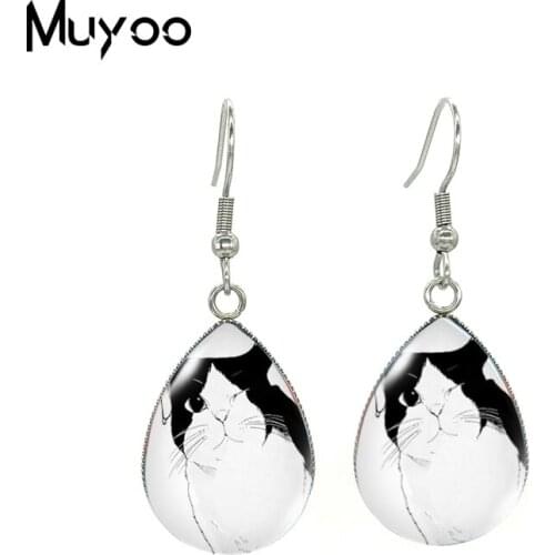 2020 New Black and white Cat Tear drop Earring Animel Cute Cats Fish hook Earring Glass Dome Photo Jewelry Earrings