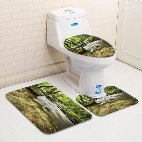 3pcs/Set Waterfall Scenery Bathroom Mat Virgin Forest Plants Landscape Pattern Flannel Decor Bathtub Toilet Carpet Non-Slip Rug