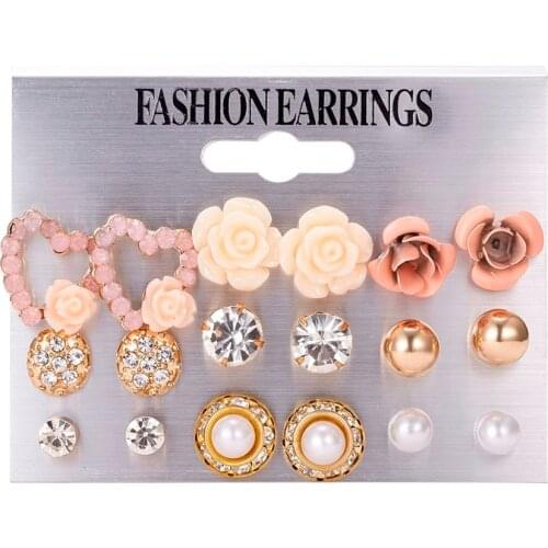 9 Pairs/Set Womens Crystal Pearl Flower Ear Studs Earrings Elegant Jewelry Gift Crystal Stud Earring Sets Mix Jewelry