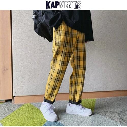 KAPMENTS Streetwear Yellow Plaid Pants Men Joggers 2020 Man Casual Straight Harem Pants Men Korean Hip Hop Track Pants Plus Size