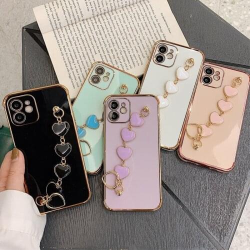 Luxury Plating Edge Wrist Strap Heart Chain Solid Case for iPhone 12 Mini 11 Pro XS Max Wristband Hand Holder Shockproof Cover