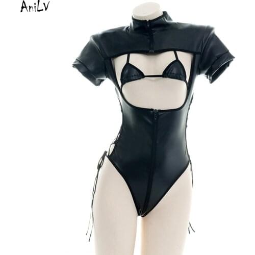 AniLV Black Pu Leather Bodysuit Swimsuit Costume Punk Girl Cross Strap Turtleneck Swimwear Uniform Temptation Lingerie Cosplay