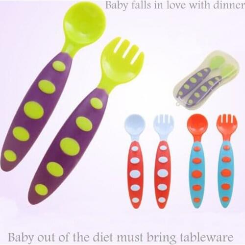 Baby tableware colorful insurance PP material spoon + fork non-slip 2 piece dish quality TPE handle children learning tableware