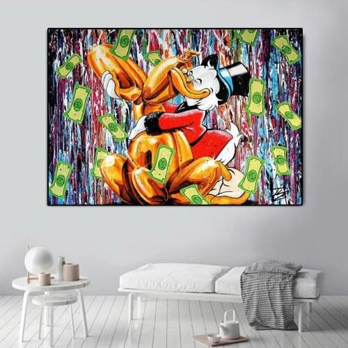 Disney Donald Duck Graffiti Art Canvas Painting Money Street Art Posters and Prints Wall Art Pictures for Living Room Home Decor