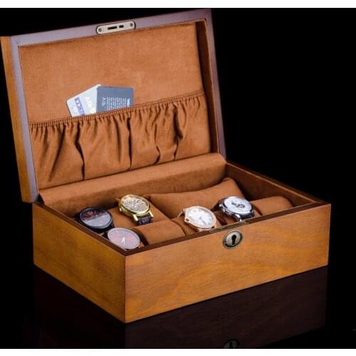 European Wood Watch Box With Lock New Mens Wooden Watch Storage Case Brown Brand Watch Display Boxes Jewelry Gift Box W058