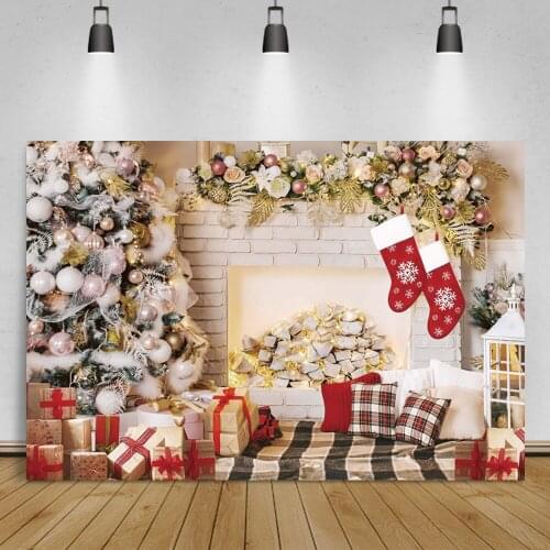 Merry Christmas Tree Brick Wall Fireplace Baby Portrait Photography Background Gifts Wooden Interior Photocall Backdrop Banner