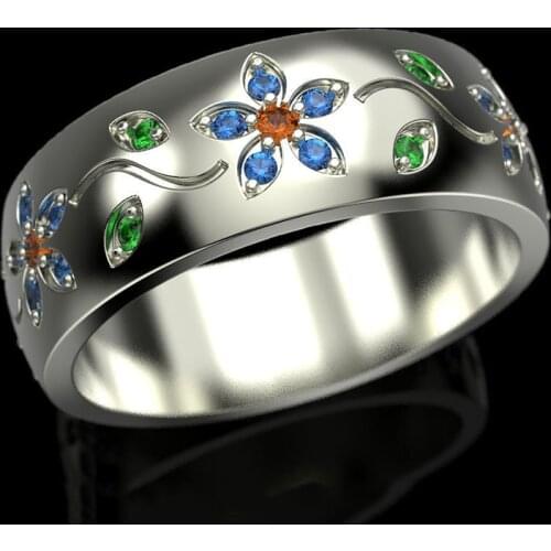 Elegant Unique Zircon Rings for Women Blue Flower Green Leaves Fashion Party Birthday Finger Ring Jewelry Accessories Gifts
