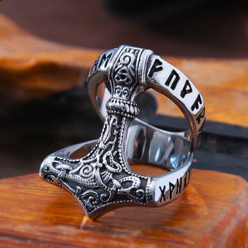 Vintage Viking Thors Hammer Ring Mens Nordic Odin Rune Ring Stainless Steel Jewelry Biker Amulet Gift Wholesale