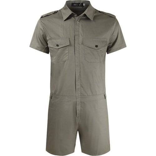 Fashion Mens Solid Color Lapel Zipper Jumpsuit Overalls Shorts Summer Mens Casual Pocket Short-sleeved Overalls Mens Overalls